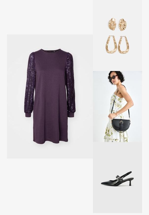 Rochie purpurie cu mâneci lungi; mânecile au aplicații de paiete. Fabricată dintr-un material moale, are un decolteu rotund și o croială lejeră.; Sandale cu toc din piele patent neagră, cu vârful ascuțit și un toc mic bloc, având un accent cu cataramă argintie pe curea.; Geantă din piele neagră, cu o formă curbată, curea detașabilă și accesorii aurii. Geanta are un capac cu un detaliu tip cataramă.; Cercei aurii cu forme texturate și ondulate. Include studs sculpturale cu clip și un design de cerc deschis cu un finisaj cioplit.