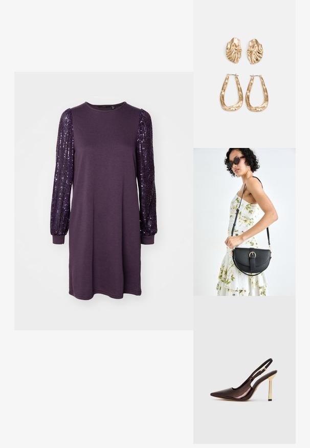 Lilla kjole med lange ærmer; ærmerne har pailletter. Lavet af blødt materiale, har en rund halsudskæring og en afslappet pasform.; Brune patenterte skinnsko med slingback-hæl og spiss tå, med skinnende gullmetallhæl mot hvit bakgrunn.; Svart lærveske med en buet form, avtagbar stropp og gullbeslag. Vesken har et klaff med spenne-detall.; Gullfargede øredobber med teksturerte, bølgete former. Inkluderer skulpturelle klipsstuds og åpen hoop-design med en hamret finish.