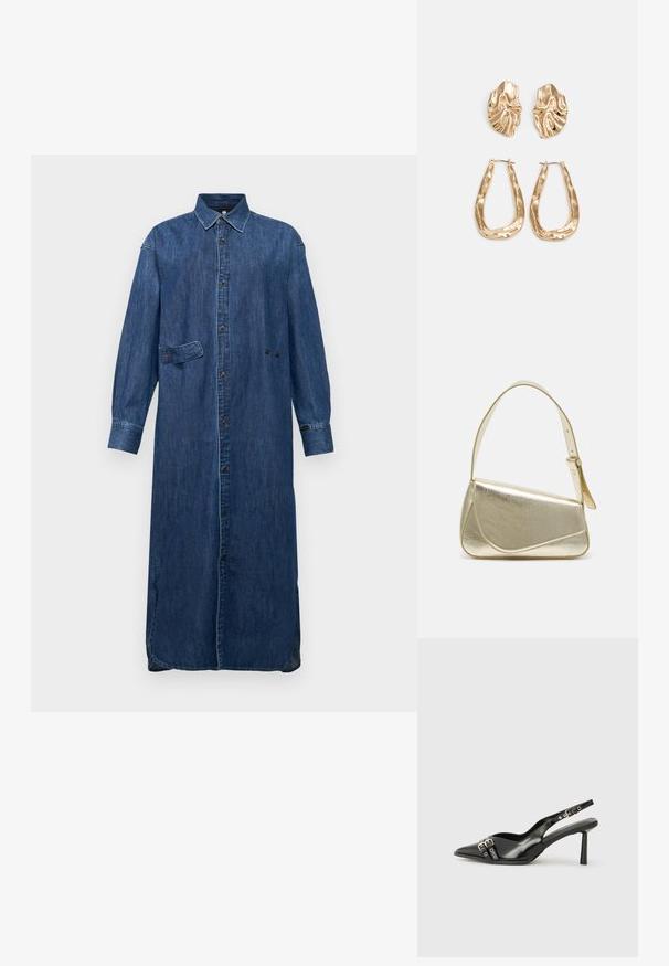 Denim shirt dress with a collared neckline, front buttons, long sleeves, and a single chest pocket. Features a relaxed fit and deep blue color.; Musta patenttinen nahkainen slingback-kengät, joissa on terävä nenä, nilkkahihnat hopeisilla soljilla ja varusteilla sekä hoikka korko.; Kultainen metallinen käsilaukku, jossa on jämäkkä muotoilu, sileä pinta ja säädettävä olkahihna. Sisältää ainutlaatuisen kolmiomaisen muodon ja minimalistisen tikkaustyylin.; Korukultainen korvakorut, joissa on teksturoituja, aaltoilevia muotoja. Mukana on veistokselliset klipsikorvakorut ja avoin rengasmalli, jossa on vasaroitu pinta.