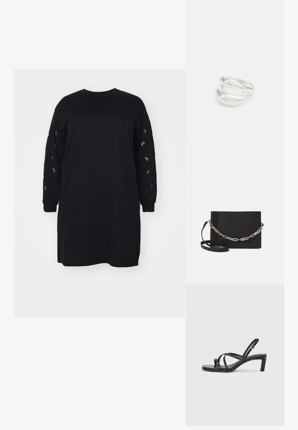 Vero Moda Curve VMCDORA ONECK SHORT DRESS - Freizeitkleid - black; Schwarze Sandale mit Riemchen, quadratischer Zehenform und niedrigem Blockabsatz. Verfügt über mehrere dünne Riemen und einen verstellbaren Knöchelriemen. Hergestellt aus glattem Leder.; Schwarze Leder-Crossbody-Tasche mit glatter Textur, rechteckiger Form und metallic-kettendetail auf der Vorderseite. Verstellbarer Gurt inklusive.; Silberner Doppelring mit einer glatten, polierten Oberfläche. Verfügt über ein fließendes, kurviges Design mit überlappenden Abschnitten für einen modernen Look.