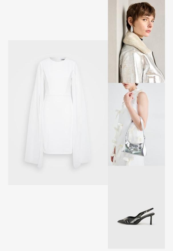 Vestido branco de mangas longas com corpete justo, mangas largas e decote redondo. O tecido parece suave com painéis laterais estruturados.; Sapato slingback preto em pele patentada com bico apontado, tiras no tornozelo apresentando fivelas e acessórios prateados, e um salto elegante.; Bolsa metálica prateada com uma forma estruturada, apresentando uma alça superior e um detalhe de laço na frente. Textura suave, acabamento reflexivo.; Jaqueta de couro metálica prateada com colarinho de peles, apresentando um fecho em zip e uma superfície texturizada. Brincos grandes em forma de gota com pedras preciosas transparentes.