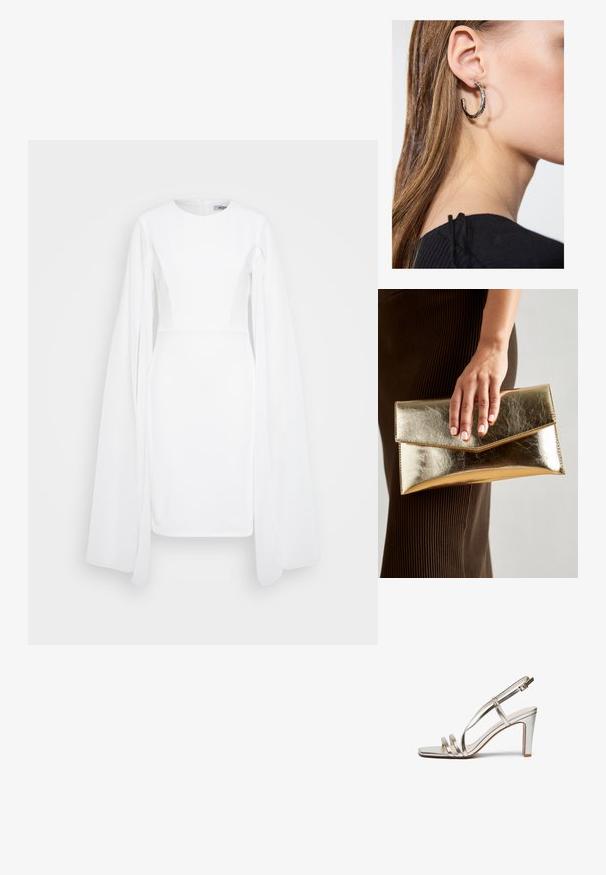 Balts garās piedurkņu kleita ar pieguļošu korpusu, plati piedurknes un apaļu kakla izgriezumu. Audums izskatās gluds ar strukturētām sānu panelēm.; Metāliski sudraba augstpapēžu sandaļi ar atvērtu purngalu, kas aprīkoti ar trim plāniem siksniņām pāri pēdai un potītes siksniņu ar sprādzi.; Zelta metalizēta sajūga soma ar gludu tekstūru, kuru rotā trīsstūrveida vāks. Rokai, kas to tur, ir kārtīgi apgriezti nagi.; Sudraba auskars ar pulētu apdari, ar maziem zelta akcentiem un apaļu formu, uz ausu ļipiņas.