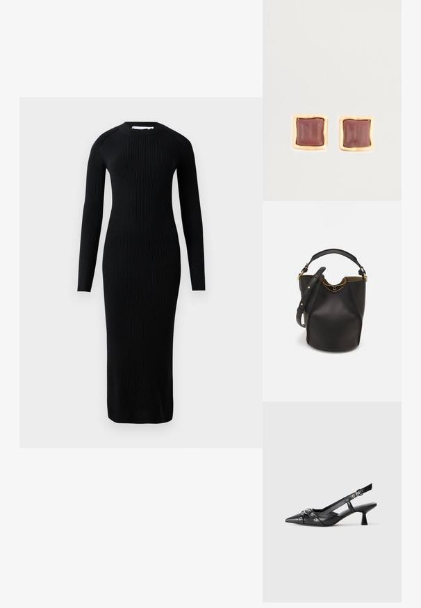 Ilga juoda raukšlėta suknelė su ilgomis rankovėmis, apvaliu iškirpimu ir prigludusia siluetu, pagaminta iš tekstūruoto audinio. Nėra matomų raštų ar akcentų.; Juodas odinis slingback tipo batai su smailiu priekiniu atvartu, dekoratyvinėmis sagtimis su metaliniais akyčiais ir žemu blokiniu kulnu. Saldus paviršius.; Juodas odinis kibiro tipo krepšys su tekstūruotu paviršiumi, auksiniais detalėmis ir atvira viršūne. Yra trumpa rankena ir reguliuojama petneša.; Kampinės auskarų studai su giliu bordo centru ir auksinės spalvos tekstūruotu rėmu. Lygus paviršius su suapvalintais kraštais.