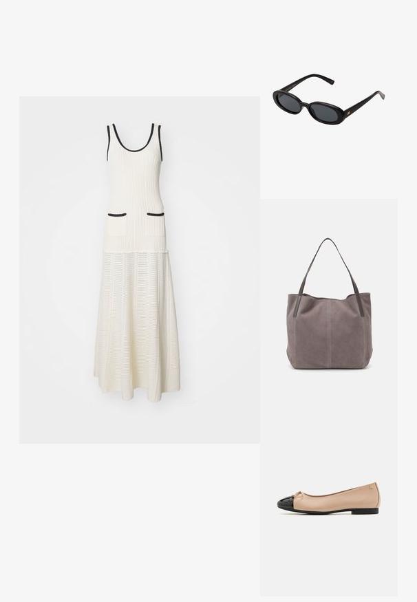 Vestido maxi blanco de canalé que presenta un top ajustado con escote redondeado, dos bolsillos frontales y un ribete negro en los orificios de los brazos.; Bailarinas con upper de satén beige, puntera de charol negro, pequeño lazo en la parte frontal y un tacón bajo negro.; Gafas de sol grandes de color negro con lentes ovalados, montura de plástico suave y detalles dorados en las patillas. Los lentes oscuros ofrecen protección solar.; Bolso tote de ante gris con dos asas de cuero oscuro. Presenta detalles de costura en los laterales, una textura suave y una abertura espaciosa.