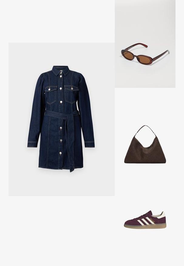 Traper haljina tamnoplave boje s košuljskim ovratnikom, dugim rukavima, preklopima za džepove, prednjim dugmadi i remenom od istog materijala u struku.; Maroon zamšene tenisice s bijelim tri pruge i bež detaljima. Imaju teksturiranu gumenju potplat i zlatni logotip sa strane.; Okvir okruglih, smeđkastih sunčanih naočala s sjajnim burgundskim okvirom. Uski nositelji s suptilnim brendiranjem. Ravna leća.; Smeškan smeđi kožni torbica u obliku trokuta. Ima pletenu ručku i patentni zatvarač na vrhu.