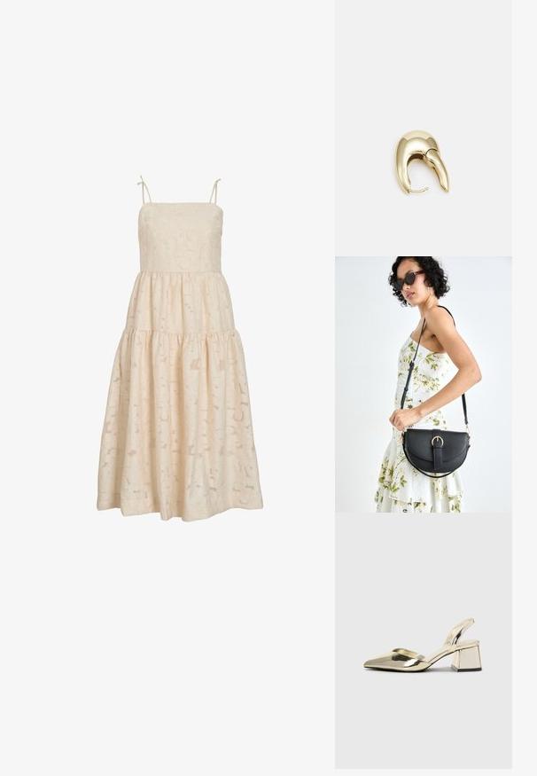 Uten ermer kremfarget blonde midikjole med tynne stropper, lagdelt skjørt og subtilt blomstermønster.; Gull, metallisk slingback-hæler med spiss tå og chunky hæl. Glatt tekstur, minimalistisk design og en smal stropp.; Svart lærveske med en buet form, avtagbar stropp og gullbeslag. Vesken har et klaff med spenne-detall.; Gullfarget metalløredobber med et elegant, buet design. Har en karakteristisk spiss form, polert overflate og hengsel-lukking.