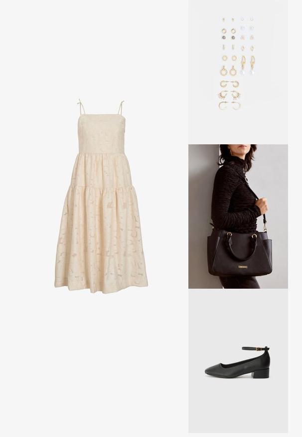 Bež čipkasta midi haljina bez rukava s tankim trakama, slojevitom suknjom i suptilnim cvjetnim uzorkom.; Crne kožne pumpe s oštrim vrhom i niskom blok petom. Sadrže remen oko gležnja s zlatnim kopčanjem. Glatka tekstura.; Crna torba s teksturiranom površinom, dvostrukim gornjim ručkama i podesivom remenom za rame. Ima zlatne metalne detalje i bočne džepove.; Set zlatnih naušnica s raznim dizajnima, uključujući naušnice na tiku, obruče i viseće komade s biserima i rhinestones.