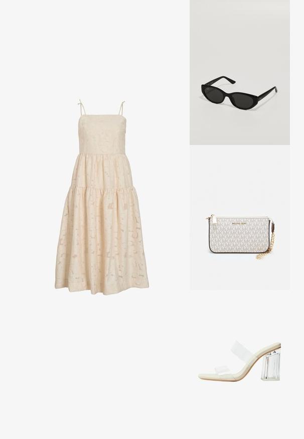 Bezrukávové krémové čipkované midi šaty s tenkými ramienkami, stupňovanou sukňou a jemným kvetinovým vzorom.; Sandále s priehľadnými podpätkami majú priehľadné popruhy, béžovú stielku a masívny priehľadný blokový podpätok. Elegantný a hladký dizajn s minimalistickou estetikou.; Čierne slnečné okuliare s úzkym, mačacím tvarom. Vyrobené z hladkého plastu, s tmavými sklami a jemnými logo akcentami na spánkoch.; Michael Kors zápästná taška v béžovej potiahnutej plátenej tkanine s opakujúcim sa vzorom loga MK, zlatým kovania a odnímateľným reťazovým popruhom.