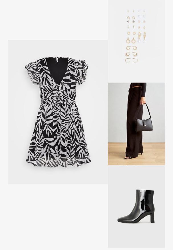 Juoda ir balta suknelė su lapų raštais, trumpomis raukinėmis rankovėmis, giliu V formos iškirpimu ir prigludusia juosmeniu, pagaminta iš lengvos medžiagos.; Juodos lakuotos odinės aulinukės su smailiu pirštu ir vidutinio aukščio blokuotu kulnu. Lygus paviršius ir minimalistinis dizainas.; Juodas rankinė struktūrizuota forma, lygi tekstūra ir metalinis užsegimas. Suporuota su plačiomis juodomis kelnėmis ir atvirais bateliais ant medinių grindų.; Auksiniai auskarai su įvairiais dizainais, įskaitant studus, žiedus ir kabančius modelius su perlų ir kristalų akcentais.