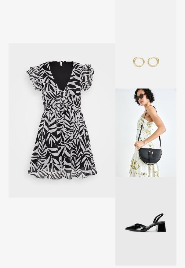 Crna i bijela haljina s uzorkom lišća, kratkim naboranim rukavima, dubokim V-izrezom i uskim strukom, izrađena od lagane tkanine.; Crne lakirane kožne sandale s otvorenom petom i špicastim vrhom, s geometrijskom blok petom. Imaju elegantan, minimalistički dizajn i glatku teksturu.; Crna kožna torba s lukovitim oblikom, odvojivim remenom i zlatnim detaljima. Torba ima preklop s kopčom.; Zlatne naušnice na obruče s glatkim, zaobljenim dizajnom. Imaju mali zatvarač sa šarkom, lagani su i imaju sjajnu završnu obradu.