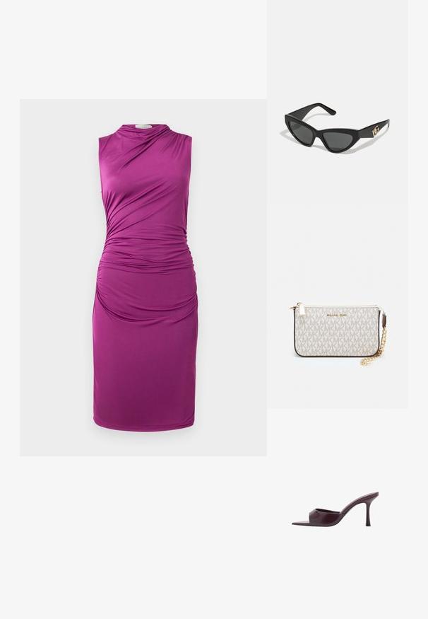 Mouwloze paarse jurk met geplooide stofdetails aan één kant, kenmerkt zich door een gladde textuur en een lengte tot op de knie.; Bordeaux hoge hakken mules met een vierkante neus, gemaakt van glad leer. Heeft een slank, minimalistisch ontwerp en een taps toelopende hak.; Cat-eye zonnebrillen met een matte zwart plastic frame, donkere lenzen en een gouden logo-accent op de poot. Hoekig ontwerp en een soepele textuur.; Michael Kors polsbandje in beige gecoate canvas met een herhaald MK-logo patroon, gouden hardware en een afneembare kettingriem.