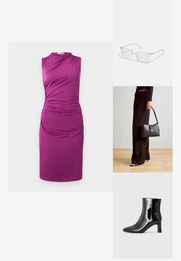 Mouwloze paarse jurk met geplooide stofdetails aan één kant, kenmerkt zich door een gladde textuur en een lengte tot op de knie.; Zwarte gepolijste leren enkellaars met een spitse neus en een blokhak van gemiddelde hoogte. Glad textuur en minimalistisch ontwerp.; Heldere plastic vierkante monturen met doorzichtige glazen, gekenmerkt door gouden accenten op de slapen voor extra detail.; Zwarte handtas met gestructureerde vorm, gladde textuur en een metalen sluiting. Gecombineerd met brede zwarte broeken en sandalen met open teen op een houten vloer.