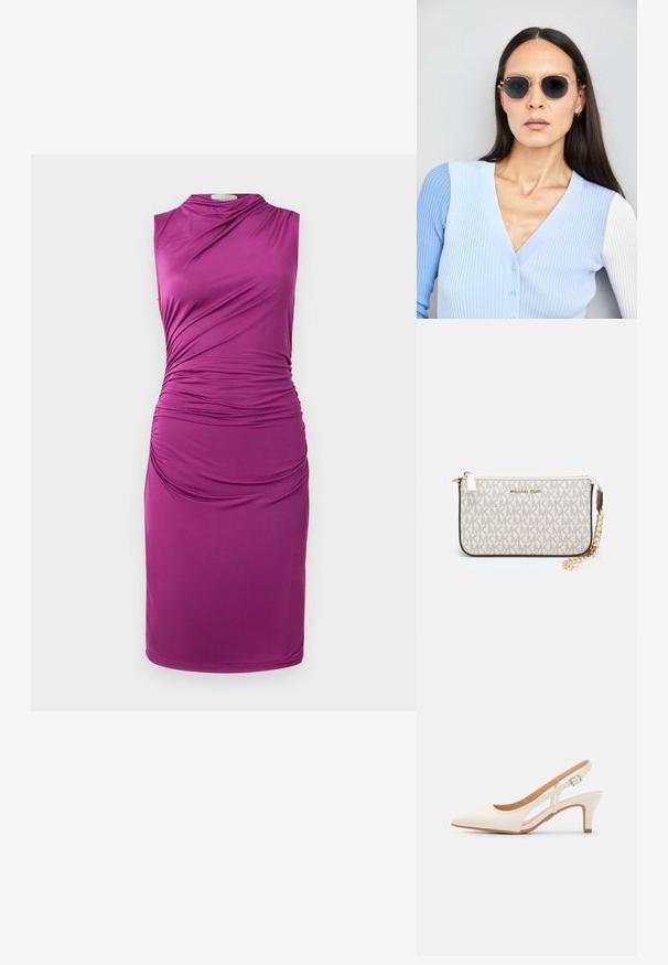 Robe sans manches, de couleur violette, avec des détails en tissu froncé sur un côté, présentant une texture lisse et une coupe au niveau des genoux.; Talons aiguilles blanches à bride arrière avec un bout pointu, un dessus lisse, un petit talon carré et un design avec découpes latérales et sangle réglable.; Lunettes de soleil rondes avec verres sombres et monture en or. Le modèle porte un cardigan à côtes bleu clair avec des boutons et des manches blanches contrastantes.; Porte-monnaie Michael Kors en toile enduite beige avec un motif répété de logo MK, des accessoires en or et une bandoulière en chaîne amovible.