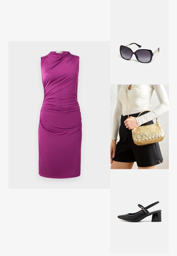 Robe sans manches, de couleur violette, avec des détails en tissu froncé sur un côté, présentant une texture lisse et une coupe au niveau des genoux.; Escarpins slingback en cuir verni noir avec un embout pointu, un design à découpes arrondies et un talon carré. Présente un accent de boucle en ton doré.; Lunettes de soleil noires surdimensionnées avec des verres dégradés, monture épaisse et détails en chaîne dorée sur les branches.; Sac à main en sequins dorés de forme rectangulaire, avec une poignée courte et une longue bandoulière en chaîne. La texture est brillante et réfléchissante.