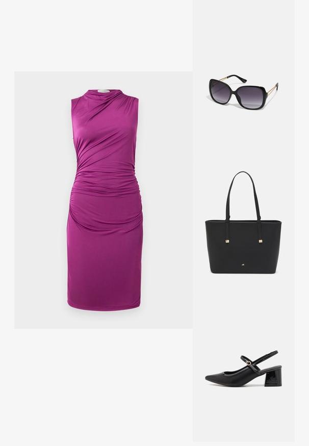 Bez piedurknēm, violets kleita ar savilktu audumu detaļu gar vienu malu, ar gludu tekstūru un līdz ceļiem garumu.; Melns patentēts ādas sandales ar norādīta pirksta formu, noapaļotu izgriezuma dizainu un bloķētu papēdi. Iezīmēta ar zelta toņa sprādzi.; Melni pārmērīgi lieli saulesbrilles ar gradāciju lēcām, biezām rāmja malām un zeltainas krāsas ķēžu detaļām uz tempļiem.; Melnā somiņa, kas izgatavota no sintētiska materiāla, ar vienkāršu taisnstūra formu, zelta kvadrātveida akcentiem un divām rokturiem.