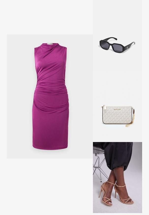 Ujjatlan, lila ruha, amelynek egyik oldalán gyűrt anyag részletek vannak, sima tapintású és térd hosszúságú.; Beige színű, kristályokkal díszített magassarkú szandál, nyitott orral, vékony pántokkal és karcsú sziluettal.; Fekete napszemüveg, nyolcszögletű kerettel, sötét lencsékkel, fényes műanyagból készült, és egy ezüst logós kiegészítővel az egyik oldalon.; Michael Kors bézs bevonatos vászon karkötő, amely ismétlődő MK logó mintával, aranyszínű fémrészletekkel és levehető lánchordóval rendelkezik.; Arany fém fülbevalók hullámos mintával; sima, fényes felület; aszimmetrikus forma; látható minták vagy szerelvények nélkül.