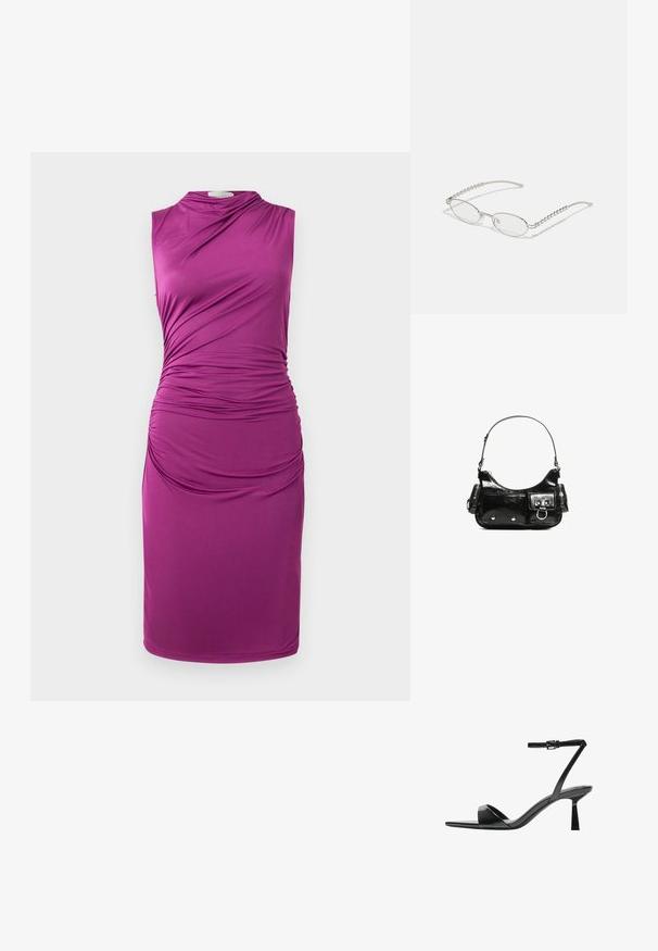 Mouwloze paarse jurk met geplooide stofdetails aan één kant, kenmerkt zich door een gladde textuur en een lengte tot op de knie.; Bershka Sandalen met hoge hak - black; Ovale brillen met een metallic zilveren montuur, heldere glazen en getextureerde kraalaccenten op de tempels. Lichtgewicht ontwerp met gebogen armen.; Zwarte laarzen in lakleer met een gebogen vorm, één schouderband, voorvakken en accenten in zilverkleurig metaal.