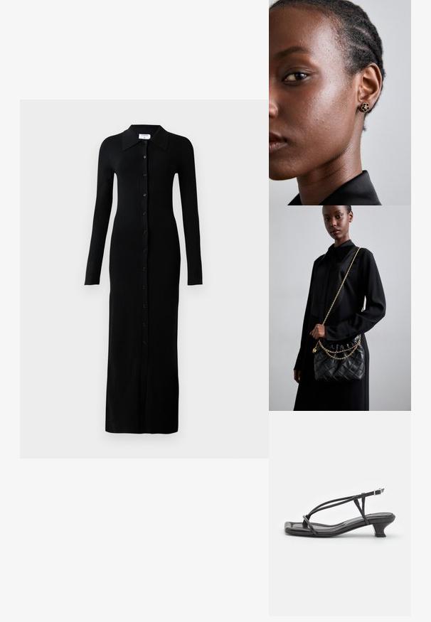 Vestido preto de mangas longas e canelado com gola, apresentando uma frente totalmente abotoada e um silhueta ajustada.; Sandal de couro preto com tiras finas, salto bloco baixo e biqueira quadrada. Apresenta um fecho de fivela e textura suave.; Bolsa de mão preta de couro acolchoado com uma parte superior franzida, alça de corrente dourada e forma retangular, sustentada contra um fundo liso.; Os brincos de flor em ouro apresentam um centro texturizado em preto e detalhes delicados. A pele clara da modelo e o seu cabelo trançado são visíveis de lado.