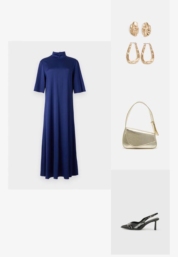 Morsko modra midi obleka z visokim ovratnikom, kratkimi rokavi in tekočo A-linijo, izdelana iz gladkega, raztegljivega materiala.; Črne patentne usnjene sandale s koničastim nosom, zankami okoli gležnja s srebrnimi sponkami in opremo ter vitkimi petami.; Zlata metalna torbica z urejenim dizajnom, gladko teksturo in nastavljivim trakom. Ima edinstveno trikotno obliko in minimalistično šivanje.; Zlato obarvani uhani z teksturiranimi, valovitimi oblikami. Vključujejo skulpturalne sponke za ušesa in odprto obliko obročka s kladivastim finišem.