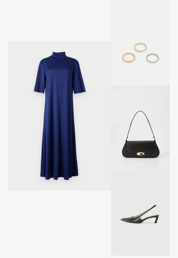 Mörkblå midiklänning med hög mock-hals, korta ärmar och en flödande A-linjeform, tillverkad av ett mjukt, stretchigt tyg.; Svart spetsig slingback-sko med låg klack, som har ett slätt lädermaterial och utskärningsdesign på sidan för andningsförmåga.; Svart läderhandväska med en böjd design, hårdvara i guldton, och ett handtag ovanpå. Har en snygg stängning och en mjuk yta.; Tre metallringar: en roséguld, en guld med texturerade detaljer och en silver, alla med ingraverad märkning på den inre ringen.