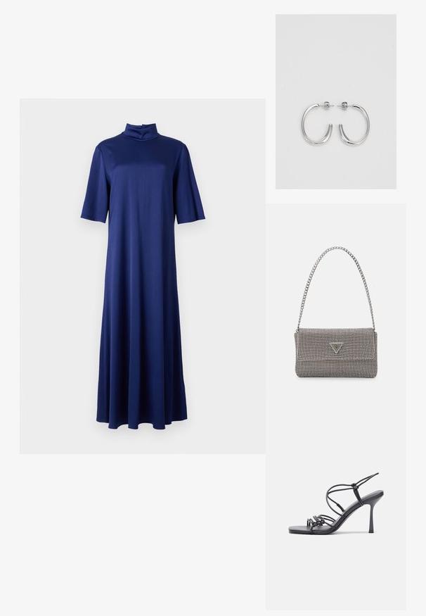 Laudan sinine midi kleit, millel on kõrge kaelus, lühikesed varrukad ja voogav A-lõike siluett, valmistatud siledast ja venivast kangast.; Mustat korkokengät sandaalit, joissa on ohuet hihnat solmittuna, sileä neliön muotoinen varvasosa ja tyylikäs stiletto-korko.; Vaalea harmaa metallinen käsilaukku, jossa on ketjusanka. Laukku on koristeltu pienillä pyöreillä metallikoruilla ja kolmion muotoisella brändilogolla.; Hopehopeet hopehopeet hopehopeet hopehopeet, jolla on sileä, kiiltävä pinta. Pyöreä muoto, kevyt rakenne, jossa on neulakiinnitys.