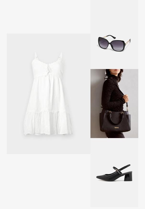 Bijela haljina bez rukava s čipkastim rubom, vezanjem na bustu, višeslojnim volanima na rubu i cvjetnim uzorkom na laganom materijalu.; Crne lakirane slingback visoke potpetice s šiljastim vrhom, zaobljenim izrezom i blok potpeticom. Sadrži akcent zlatnog tona s kopčom.; Crne prevelike sunčane naočale s gradijentnim lećama, debelim okvirom i zlatnim lancem kao detaljem na krakovima.; Crna torba s teksturiranom površinom, dvostrukim gornjim ručkama i podesivom remenom za rame. Ima zlatne metalne detalje i bočne džepove.