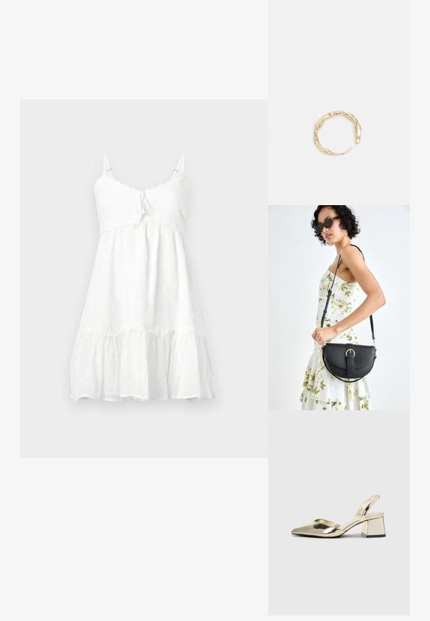 Biele bezramenné šaty s čipkovým lemovaním, viazaním na hrudníku, tiered ruffles na spodnom leme a kvetinovým vzorom na ľahkej látke.; Zlaté kovové lodičky na podpätku so špicatou špičkou a robustným podpätkom. Hladký povrch, minimalistický dizajn a úzka remienok.; Čierna kožená kabelka s zaobleným tvarom, odnímateľným popruhom a zlatými doplnkami. Kabelka má klopu s detailom s prackou.; Prsteň v zlatej farbe s organickým, skrúteným dizajnom, hladkým povrchom a zužujúcimi sa koncami, vytvárajúci moderný, sochársky vzhľad.
