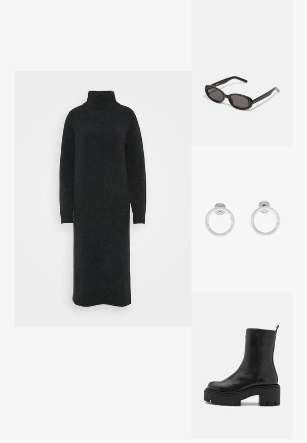 Juodas megztas suknelė su aukštu kaklu, pagaminta iš tekstūruoto megztinio audinio. Ilgos rankovės ir tiesus siluetas su raukiniais riešuose.; Juodos odinės kulkšninių botai su stambiu platformos padu, turintys lygų paviršių ir kilpą gale, skirta patogiam užsidėjimui.; Juodų ovalių saulės akinių rėmas su tamsiais lęšiais. Pagaminti iš blizgaus plastiko. Siauri šonai su apvaliais galais. Prekės ženklas "ZIGN" išspausdintas ant vieno šono.; Sidabriniai metaliniai auskarai žiedų pavidalu su šveitimo tekstūra, turintys apvalų dizainą ir skaidrų laikiklį saugiam dėvėjimui.