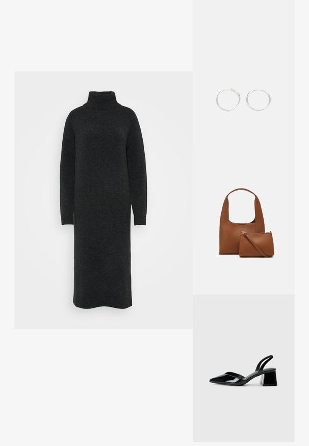 Vestido preto de gola alta feito de um material de malha texturizada. Mangas longas e uma silhueta direita com punhos canelados nos pulsos.; Sandy em verniz preto com salto slingback, ponta afilada e salto geométrico. Apresenta um design elegante e minimalista com textura suave.; Even&Odd SET - Mala de mão - brown; Brincos de argola prateados com um design arredondado e elegante, apresentando uma superfície lisa e sem adornos visíveis. Diâmetro não especificado.
