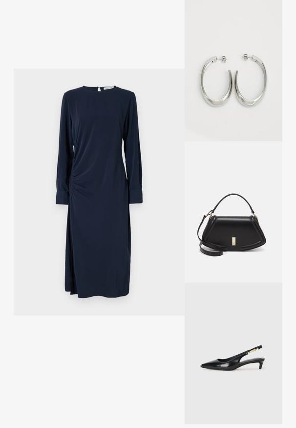Μπλε φόρεμα με μακριά μανίκια, στρογγυλή λαιμόκοψη και πλαινές ραφές. Διαθέτει ένα πλάι σκίσιμο και άνοιγμα στην πλάτη σε σχήμα κλειδιού. Μαλακό, λείο ύφασμα.; Μαύρες δερμάτινες γόβες slingback με μυτερή μύτη, διαθέτοντας λεπτό τακούνι και χρυσή λεπτομέρεια στην ρυθμιζόμενη λωρίδα. Λείος υφές.; Μαύρη δερμάτινη τσάντα με δομημένο σχέδιο, που διαθέτει κομμένο σχήμα, επάνω λαβή και χρυσά μεταλλικά στοιχεία. Περιλαμβάνει ρυθμιζόμενο λουρί ώμου.; Ασημένια σκουλαρίκια κρίκοι με μαλακή, καμπυλωτή σχεδίαση. Διαθέτουν γυαλιστερή μεταλλική υφή και κλείσιμο με σφίγγα. Χωρίς ορατά μοτίβα ή διακοσμήσεις.