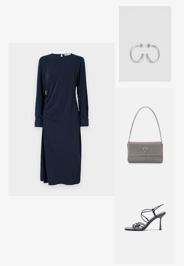 Navy dress with long sleeves, round neckline, and side ruching. Features a side slit and a keyhole back opening. Soft, smooth fabric.; Black high-heeled sandals feature thin straps with a knotted design, a smooth square toe, and a sleek stiletto heel.; Light gray metallic handbag featuring a chain strap, embellished with small circular metallic studs and a triangular brand logo.; Silver hoop earrings with a smooth, shiny surface, featuring a curved shape and post-back closure. Minimalist design with a modern finish.