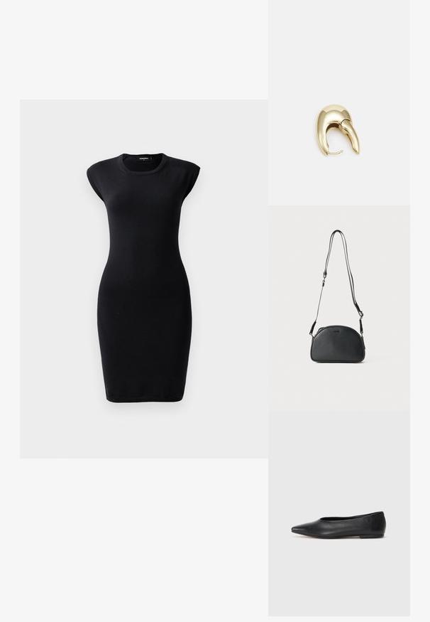 Melna pieguļoša kleita, izgatavota no elastīga auduma, ar apaļu kakla izgriezumu un kapru piedurknēm, ar ceļa garuma apakšmalu un gludu tekstūru.; Melna ādas baleta kurpe, ar norādītu purngalu, minimālisma dizains, gluda tekstūra, zema papēža augstums, bez redzamiem aksesuāriem vai rotājumiem.; Melnas ādas plecu soma ar noapaļotu formu, divām regulējamām siksnām un smalku logotipu priekšpusē. Raksturīga ārējā virsma, minimālisma dizains.; Zeltīti metāla auskari ar gludu, izliekta dizaina. Ar atšķirīgu smailu formu, pulētu virsmu un eņģu aizdari.