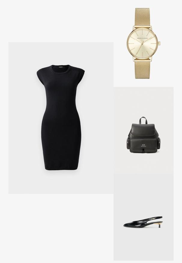 Musta sovitettu mekko, joka on valmistettu joustavasta kankaasta. Mekossa on pyöreä pääntie ja hihat, jotka ulottuvat olkapäihin, sekä polvenmitta ja sileä pinta.; Mustikka slingback-kengät, joissa on terävä kärki, kiiltävä nahkapinta ja pieni korko, jossa on kultainen yksityiskohta. Tyylikäs muotoilu avoimella takana.; Musta nahkareppu, jossa on läppä suljenta, etutasku, sivu vetoketjutaskut ja yläkahva. Edessä logo-detailit.; Kulta ruostumattomasta teräksestä valmistettu kello, jossa on verkkomallinen ranneke. Pyöreä kellotaulu, jossa on harjattu kultainen kellotaulu, tuntimerkit ja kristallikoristeet.