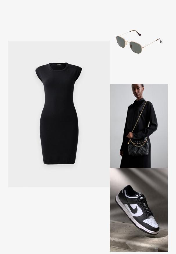 Zwart aansluitend jurkje van stretchstof, met een ronde halslijn en kapmouwen, een lengte tot op de knie en een gladde textuur.; Zwart-witte Nike Dunk Low sneaker met een leren bovenwerk, geperforeerde neus, en zwarte veters, met een witte zool en logo-accenten.; Gouden metalen zonnebril met donkergroene lenzen, aviator-stijl, met slanke scharnieren en schildpad-accenten op de uiteinden.; Zwarte gewatteerde leren handtas met een gathered bovenkant, gouden kettinghengsel en een rechthoekige vorm, vastgehouden tegen een effen achtergrond.