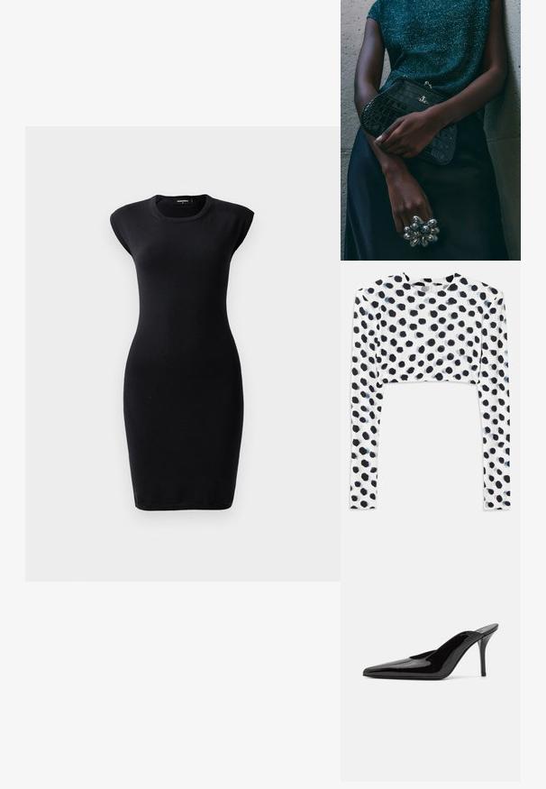 Abito nero aderente realizzato in tessuto elasticizzato, con scollatura rotonda e maniche a cappuccio, dalla lunghezza al ginocchio e con una superficie liscia.; Top lungo e aderente, a maniche lunghe, in tessuto bianco elasticizzato con stampa a pois neri, caratterizzato da una superficie liscia e scollatura rotonda.; Mule in pelle patinata nera con tacco alto, punta affilata e silhouette elegante, dotato di apertura sul dietro e tacco a stiletto sottile.; Clutch bag nera con motivo coccodrillo e hardware argentato, appoggiata su uno sfondo grigio texture. Presenta una superficie lucida.
