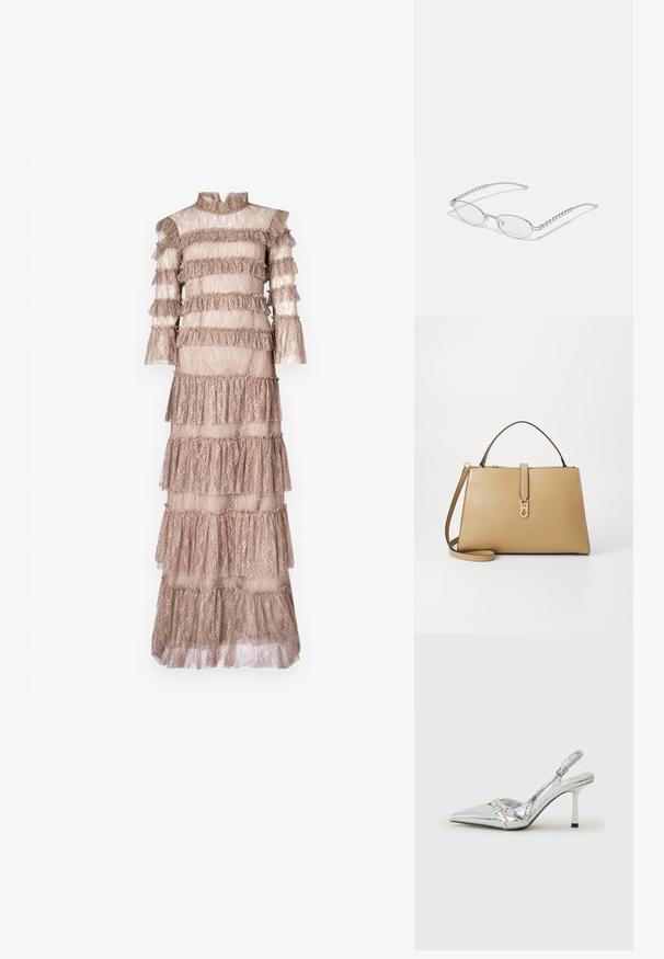 Rochie lungă, bej, din dantelă, cu volane în straturi, guler înalt și mâneci trei sferturi. Prezintă un model floral delicat de-a lungul întregii rochii.; Pantofii cu toc înalt, argintii, cu vârf ascuțit, finisaj metallic, două curele decorative și un toc subțire cu vârful negru.; Ochelari ovali cu o ramă metalică argintie, lentile clare și accente texturate cu mărgele pe brațe. Design ușor cu brațe curbate.; Tommy Hilfiger LIBRE SATCHEL - Geantă de mână - safari