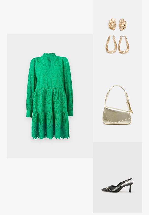 Grön broderie anglaise klänning med långa ärmar, en veckad nederkant och en nyckelhålsringning. Har intrikata utskärningar och vågiga kanter.; Svart lackläder slingbacksko med spetsig tå, ankelremmar med silverfärgade spännen och detaljer samt en smal klack.; Guldfärgad metallhandväska med en strukturerad design, slät textur och justerbar rem. Har en unik triangulär form och minimalistisk sömnad.; Örhängen i guldton med texturerade, vågiga former. Inkluderar skulpturala clip-on-stift och öppen hoop-design med hamrad finish.