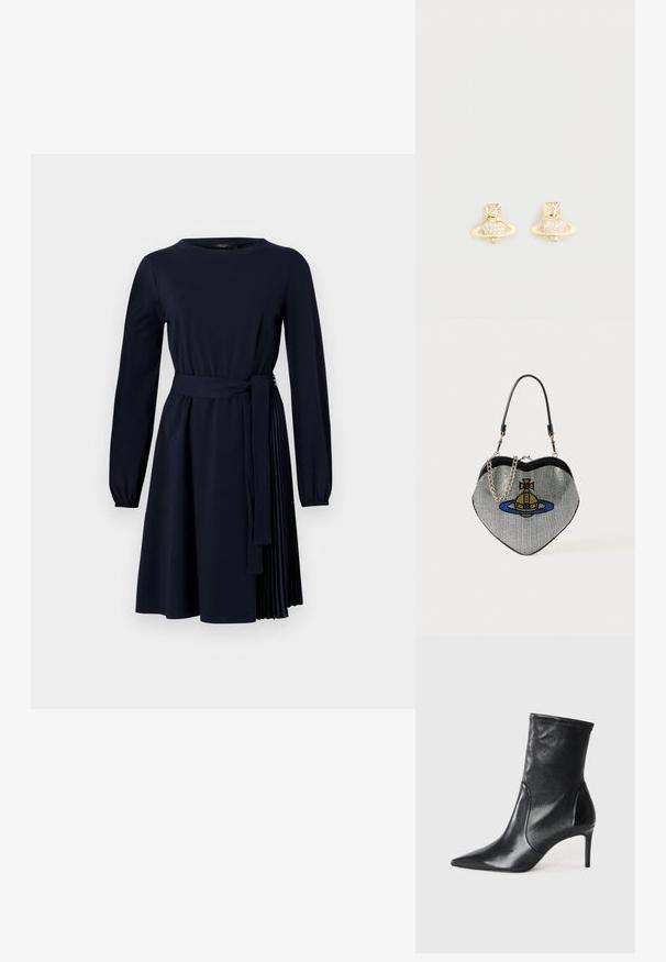 Vestido de manga larga azul marino en tejido suave, con una cintura ajustada que incluye un cinturón de lazo y detalle de falda plisada en un lado.; Botas negras hasta el tobillo hechas de cuero suave, con punta afilada, caña ajustada y tacón alto delgado. Diseño minimalista sin herrajes visibles.; Bolso en forma de corazón hecho de malla con un acabado metálico, que presenta un diseño de gato y planeta en azul, amarillo y rojo. Incluye una correa de cadena.; Pendientes destud de tono dorado con un diseño de Saturno, que presentan una banda texturizada y cristales circulares incrustados para un brillo adicional.