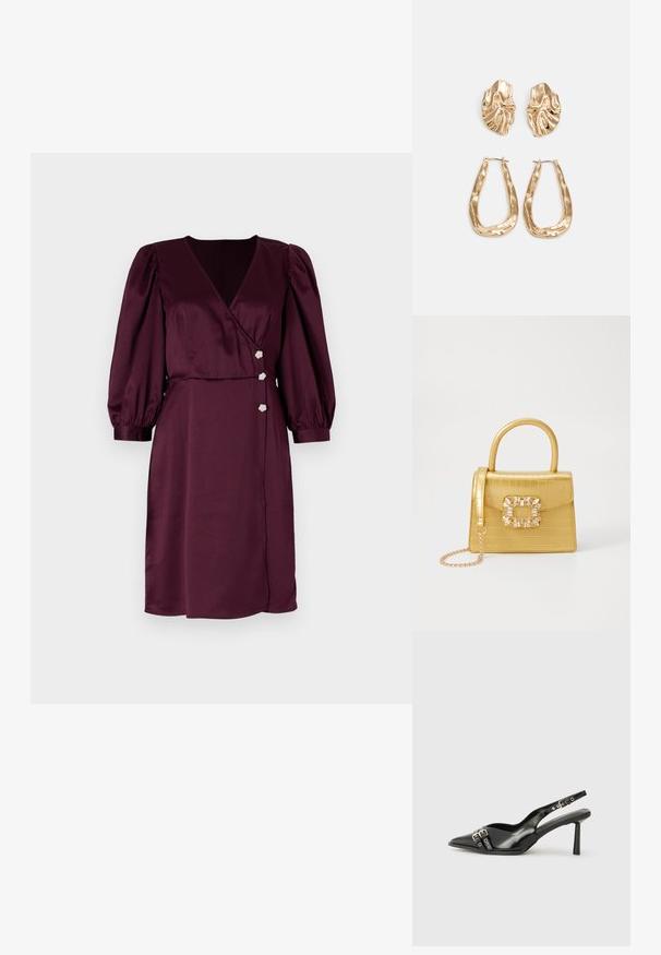 Rochie din satin burgundy, cu decolteu în formă de V adânc, mâneci bufante și trei butoane florale la talie. Textură netedă, până la genunchi.; Pantofii slingback din piele lăcuită neagră, cu vârf ascuțit, bretele pentru gleznă cu catarame și accesorii din argint, și un toc subțire.; Geantă galbenă din faux-crocodil cu un design structurat, mână superioară, curea detașabilă cu lanț și embellisment decorativ cu cristale pe închidere.; Cercei aurii cu forme texturate și ondulate. Include studs sculpturale cu clip și un design de cerc deschis cu un finisaj cioplit.