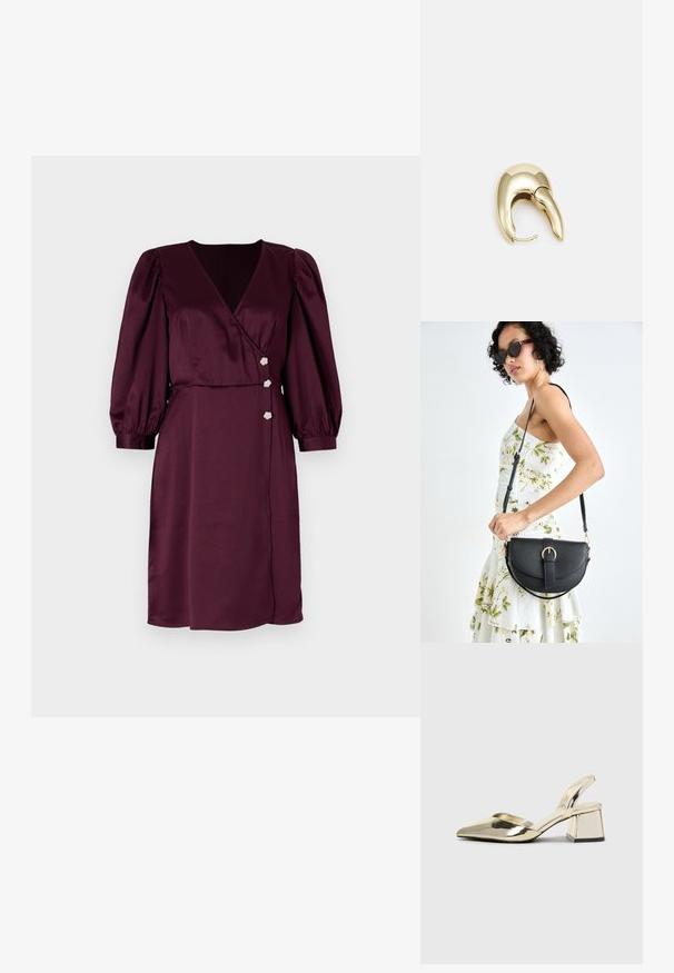 Burgundska obleka s povojem iz satena z globokim V-izrezom, napihnjenimi rokavi in tremi cvetnimi gumbi v pasu. Gladka tekstura, do kolen.; Zlati, kovinski slingback čeveljci z ostrim nosom in masivnim peto. Gladka tekstura, minimalistična zasnova in ozka zanka.; Črna usnjena torbica s ukrivljeno obliko, z odstranljivo naramnico in zlatimi dodatki. Torbica ima pokrov s podrobnostmi v obliki zaponke.; Uhane nakit iz zlatastega tona z gladko, ukrivljeno zasnovo. Ima edinstveno koničasto obliko, polirano površino in zaponko s tečajem.