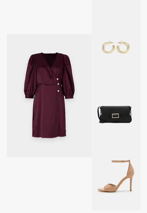 Rochie din satin burgundy, cu decolteu în formă de V adânc, mâneci bufante și trei butoane florale la talie. Textură netedă, până la genunchi.; ALDO CRERIDE PILLOW WALK - Sandale - beige; Geantă de mână din piele neagră, cu clapetă și un detaliu din metal auriu. Include o curea neagră și un design elegant, minimalist.; Cercei cercuri din aur cu un finisaj neted și strălucitor. Design circular cu un mic suport și un spate transparent pentru o purtare sigură.