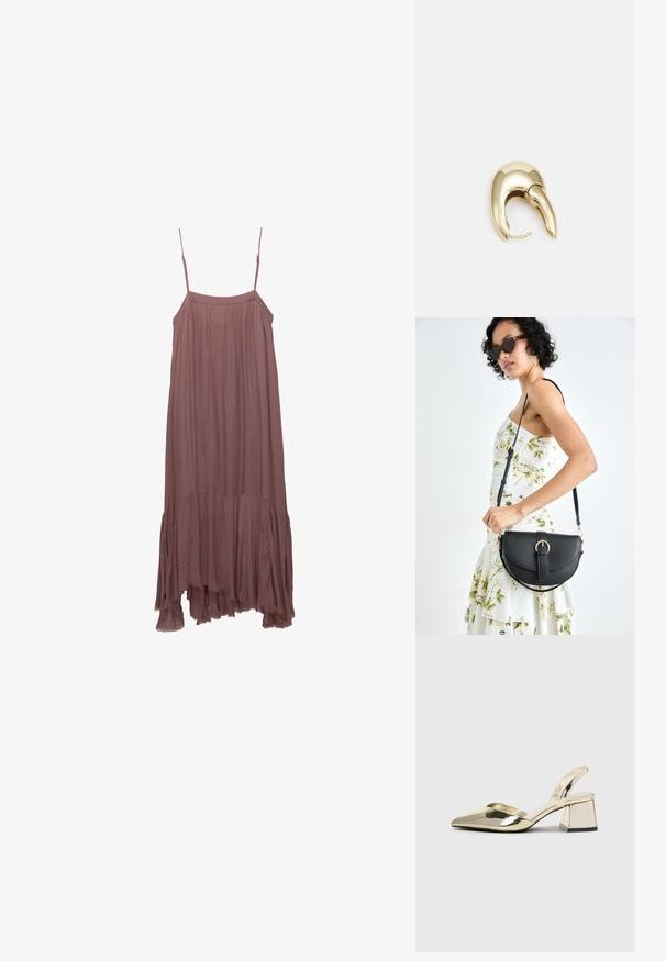 Mauve ärmelloses Kleid mit Spaghettiträgern, gerafftem Oberteil und asymmetrischem Rüschensaum. Hergestellt aus leichtem, weichem Stoff.; Goldene, metallische Slingback-Absätze mit spitzem Zeh und dicker Ferse. Glatte Textur, minimalistisches Design und ein schmaler Riemen.; Schwarze Lederhandtasche mit geschwungener Form, abnehmbarem Tragegurt und goldenen Beschlägen. Die Tasche verfügt über einen Deckel mit einer Schnallen-Details.; Ohrringe aus goldfarbenem Metall mit einem schlanken, geschwungenen Design. Sie verfügen über eine markante, spitze Form, eine polierte Oberfläche und einen Scharnierverschluss.