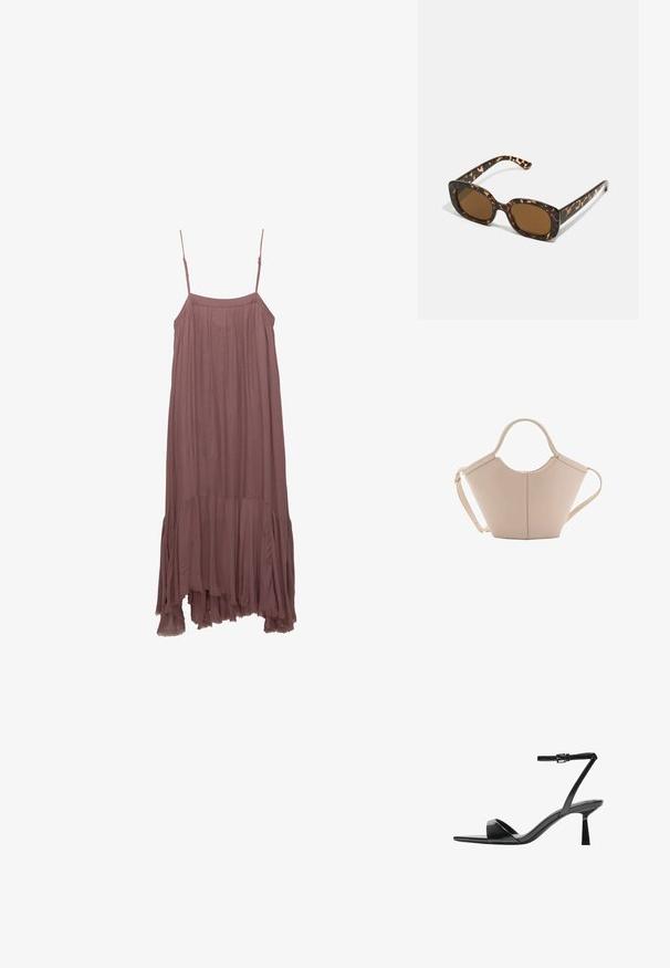 Lila mouwloze jurk met spaghettibandjes, geplooide bovenkant en gerimpelde asymmetrische zoom. Gemaakt van lichte, zachte stof.; Bershka Sandalen met hoge hak - black; Tortoiseshell zonnebril met een ronde, stevige montuur en bruine lenzen. Heeft subtiele patronen en rechte, taps toelopende veren.; Beige leren handtas met een unieke vorm, voorzien van twee korte handvatten en een lange verstelbare schouderriem. Glad oppervlak met minimale hardware.