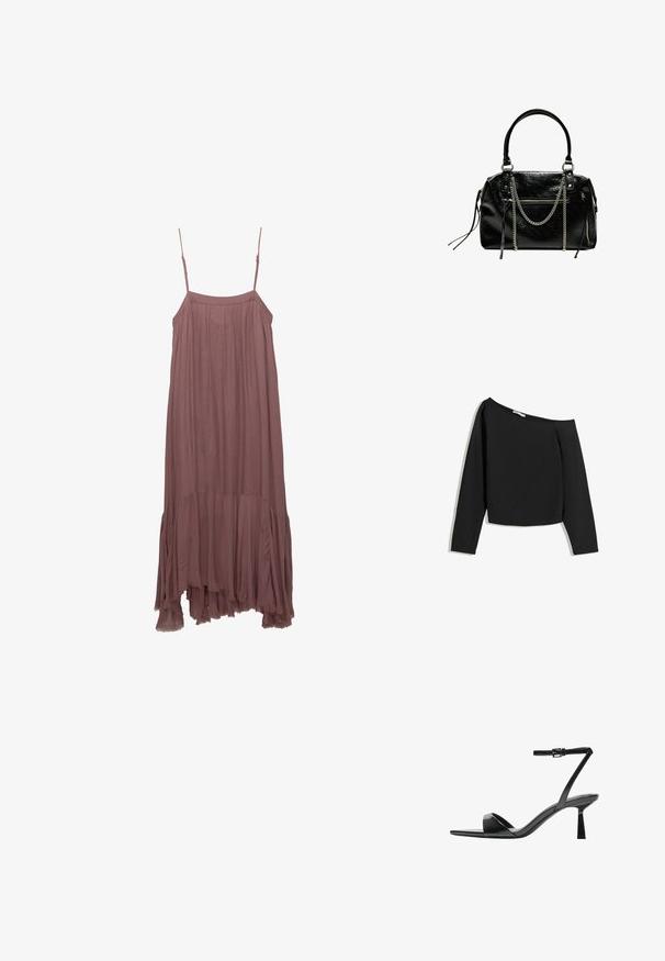Fialová bezrukávová šaty s ramienkami na špagety, nariaseným živôtikom a volánkovým asymetrickým lemom. Vyrobené z ľahkej, mäkkej látky.; Čierny top s dlhým rukávom a odhalenými ramenami, vyrobený z mäkkej tkaniny. Má skrátený strih s širokým výstrihom a priliehavými rukávmi.; Bershka Sandále na vysokom opätku - black; Bershka WITH CHAIN - Kabelka - black