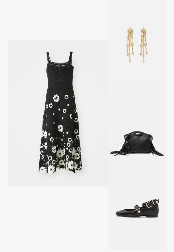 Črna kvačkana obleka s kvadratnim izrezom, nabranimi detajli in cvetličnim vzorcem v beli barvi. Razširjen rob in zapletena čipkasta tekstura.; Črne lakaste balerinke s kvadratnim prstom, trakovi okrog gležnja z zlatimi dodatki in ravnim podplatom. Gladka tekstura z minimalističnim dizajnom.; Maje MISS MINI - Torba čez telo - noir; Zlato-tonirane uhane z več kaskadnimi verigami, ki vključujejo prozorne ovalne kamenčke in okrasne zgornje dele.