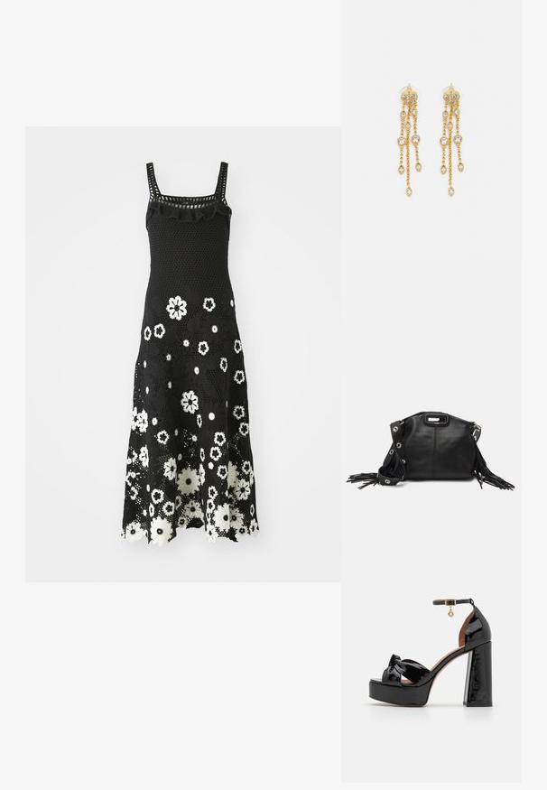 Mustvalgest heegeldatud kleidist, millel on ruudukujuline kaelus, ruffled aktsendid ja valge lillemuster. Laiendatud äär ja keeruline pitsimuster.; Maje Kõrge kontsaga sandaalid - noir; Maje MISS MINI - Ülerinna-kott - noir; Kuldne tooni kõrvarõngad mitme voolava ahelaga, millel on selged ovaalsed rhinestone aktsendid ja dekoratiivsed stud-tippud.