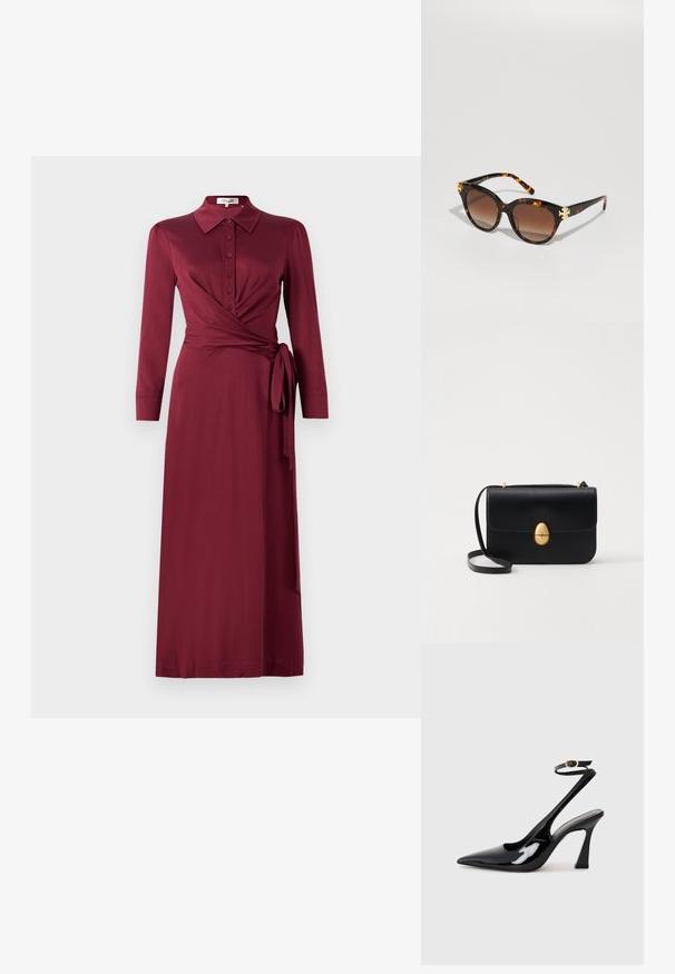 Burgundia värvi mä wrap kleit, millel on kaelus, pikad varrukad, nööbid ees ja lipsudetail taljes. Siluett on ümar ja luksuslik materjal.; Mustad läikivad patendiga slingback-kõrged kontsad, millel on terav põlv ja reguleeritav pahkluu rihm, ning mõõdukas plokknukk. Sile tekstuur läikiva viimistlusega.; Skarabeeritud prillid liblikakujulise disainiga, gradientpruunide läätsedega ning kuldsed aktsendid esiosal, millel on peened käepidemed läikiva viimistlusega.; Must kase nahast käekott, millel on struktureeritud ristkülikukujuline kuju. Omab kuldset ovaalset lukku ja õhukest õlavarre rihma. Sile tekstuur.