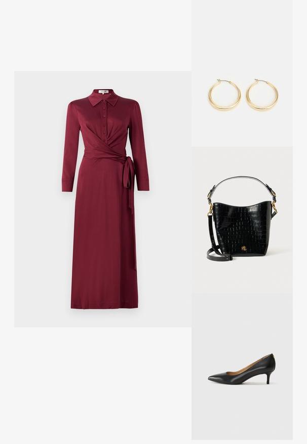 Bordo haljina s preklopom, ovratnikom, dugim rukavima, kopčanjem sprijeda i detaljem vezivanja u struku. Glatka tkanina s laskavim siluetom.; Crne kožne cipele s uskim vrhom, niskom petom i glatkom teksturom. Imaju blago otvaranje sprijeda i minimalne metalne detalje straga.; Crna torba od kože s uzorkom krokodila, zakrivljenog oblika, s zlatnim metalnim detaljima, podesivim remenom i logotipom sprijeda.; Zlatne naušnice u obliku obruča s glatkim, zaobljenim dizajnom, s tankim zatvaranjem od žice i poliranim završetkom za sjajan izgled.
