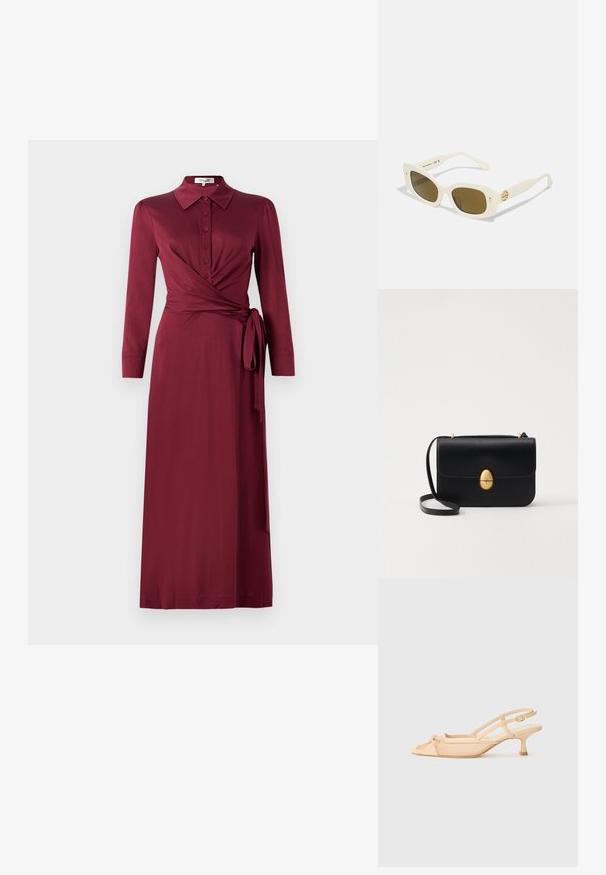 Bordeaux oboustranné šaty s límcem, dlouhými rukávy, knoflíkovým zapínáním a detailem na zavazování v pase. Hladká tkanina s lichotivým střihem.; Stuart Weitzman KITTY - Klasické lodičky - beige/barely beige; Bílé plastové sluneční brýle s obdélníkovým rámem, hnědými skly a zlatým akcentem na spánku. Hladký povrch a moderní design.; Černá kožená kabelka se strukturovaným obdélníkovým tvarem. Obsahuje zlatou oválnou sponu a tenký ramenní popruh. Hladký povrch.