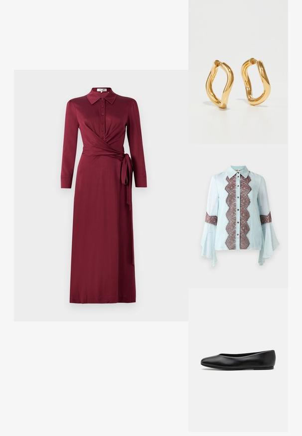 Abito avvolgente color bordeaux con colletto, maniche lunghe, chiusura frontale con bottoni e dettaglio con nastro in vita. Tessuto morbido con una silhouette che esalta la figura.; Blusa azzurro chiaro con accentuazione in pizzo marrone e motivo a righe. Presenta un colletto a punta, chiusura con bottoni e maniche svasate.; Paul Smith TOPANGA - Ballerine - black; Orecchini a cerchio color oro con una forma curva e irregolare e una superficie liscia e lucida. Nessun hardware o accenti visibili.